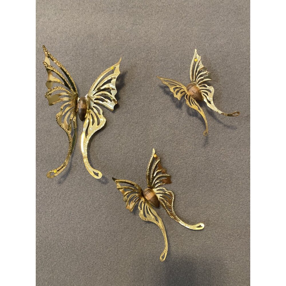 Vintage Brass Retro Art Deco Gold Butterfly Wall Decor Set Of 3 (4.5" 5" 7")